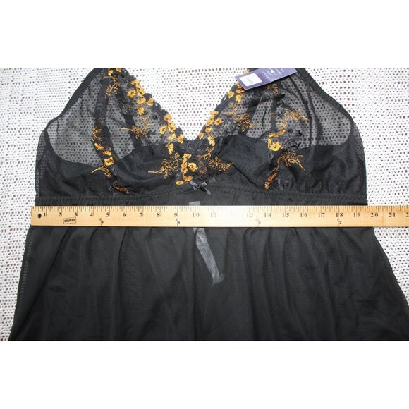 NWT Cacique Embroidered Black & Gold Babydoll 22/24Two Pieces Sheer Sexy Straps - Picture 3 of 11